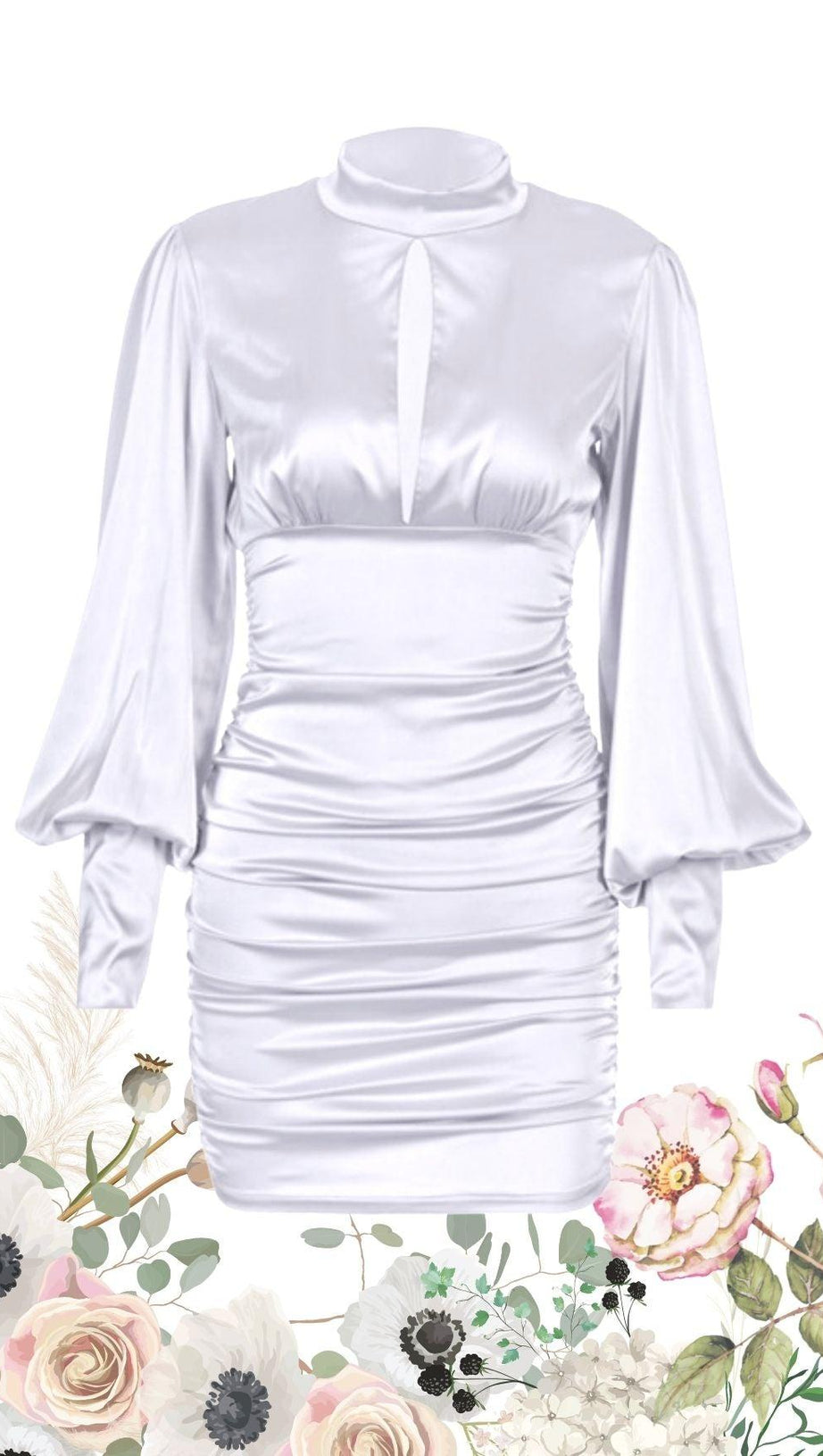 WEISSES SATIN-KLEID MIT HOCHAUSSCHNITT UND DRAPIERTEM KRAGEN