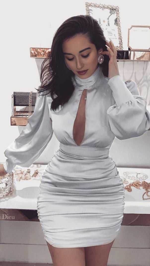AIIZIE WHITE SATIN HIGH NECKED DRAPED DRESS - product image