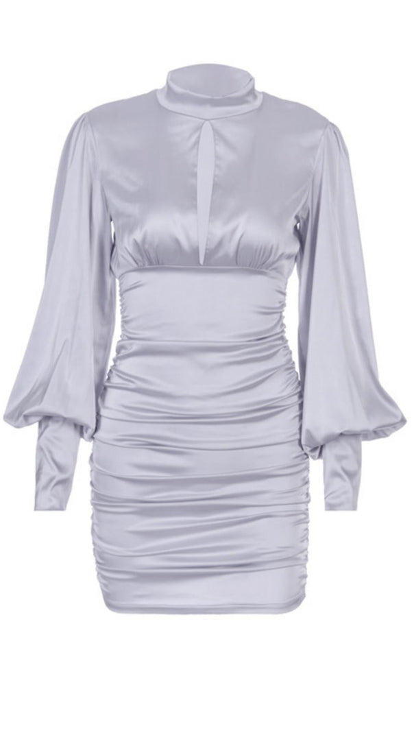 AIIZIE WHITE SATIN HIGH NECKED DRAPED DRESS - product image