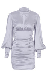 WHITE SATIN HIGH NECKED DRAPED DRESS