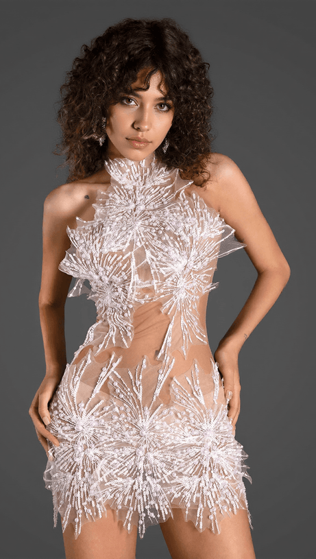 Stamelli – Kleid mit Perlenapplikationen und Netzstoff