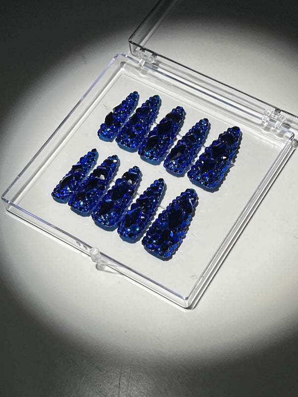 Royal Blue Crystal Stilleto Handmade Press On Nails