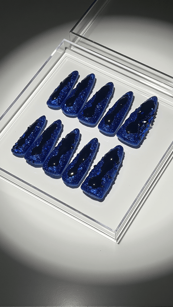 AIIZIE ROYAL BLUE CRYSTAL STILLETO HANDMADE PRESS ON NAILS - product image