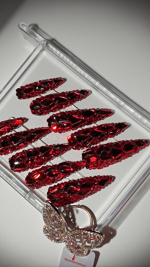 AIIZIE RED CRYSTAL STILLETO HANDMADE PRESS ON NAILS - product image