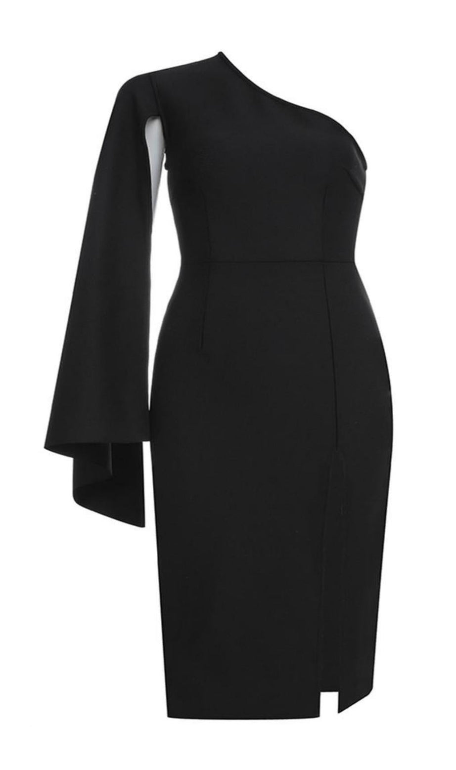 MODISCHES SCHWARZES KLEID MIT SCHRÄGEN SCHULTERN 