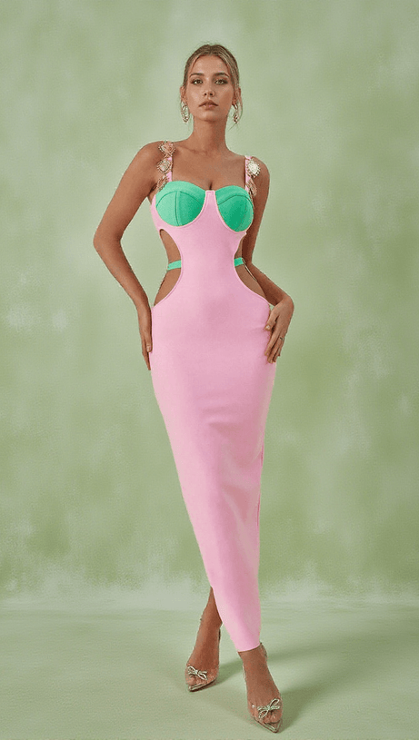 ABITO LUNGO ROSA CON TAGLIO E DECORAZIONI MARGAUX