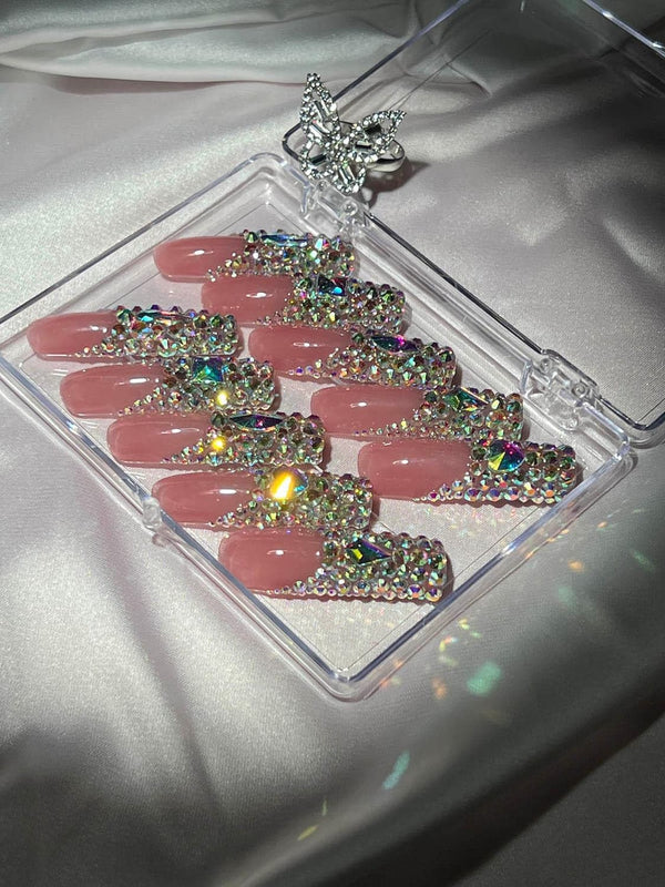 Pink Crystal Coffin Handmade Press On Nails