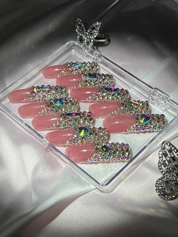 Pink Crystal Coffin Handmade Press On Nails