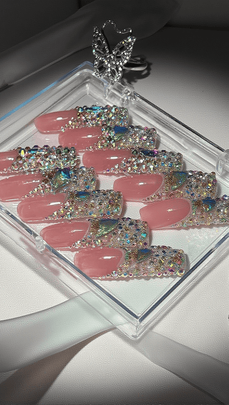 UNGHIE A PRESSIONE FATTUTE A MANO A BARA DI CRISTALLO ROSA