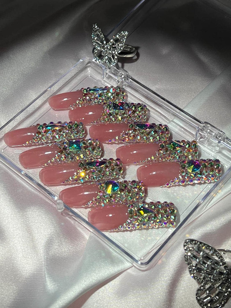 Pink Crystal Coffin Handmade Press On Nails