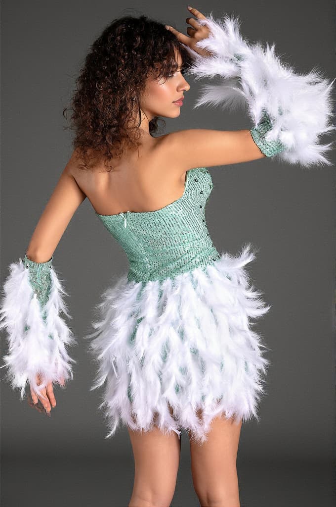 Fotios Strapless Bead Feather Dress