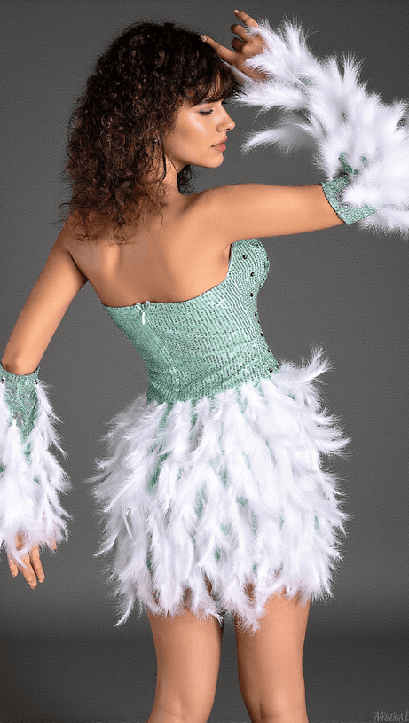 Fotios – Trägerloses Kleid mit Perlen und Federn