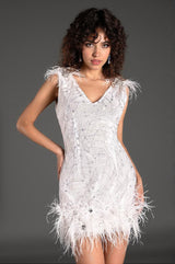 Pantelis V-Neck Sequin Feather Dress