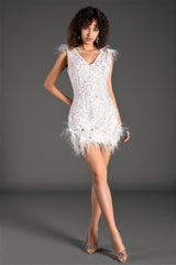 Pantelis V-Neck Sequin Feather Dress