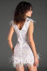 Pantelis V-Neck Sequin Feather Dress