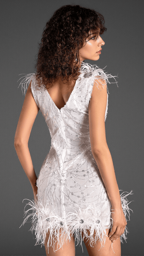 Pantelis – Pailletten-Federkleid mit V-Ausschnitt