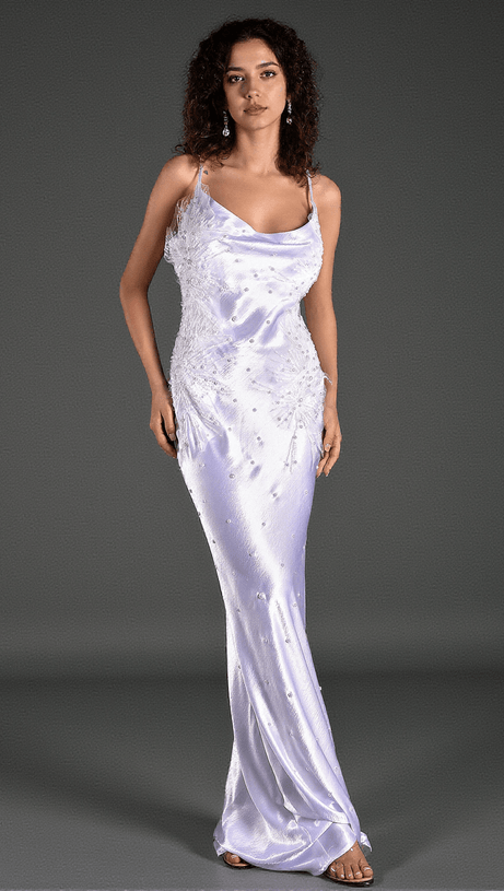 ALANIDES BEAD APPLIQUE SATIN DRESS