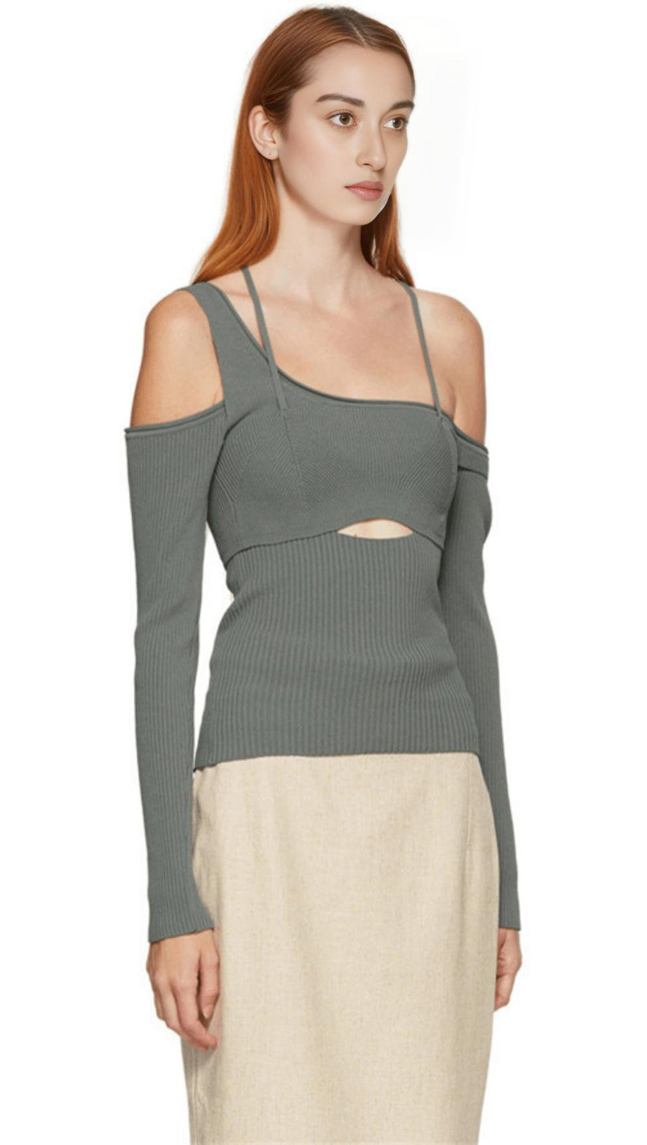 CUTOUT OFF-SHOULDER ASYMMETRIC SWEATER.