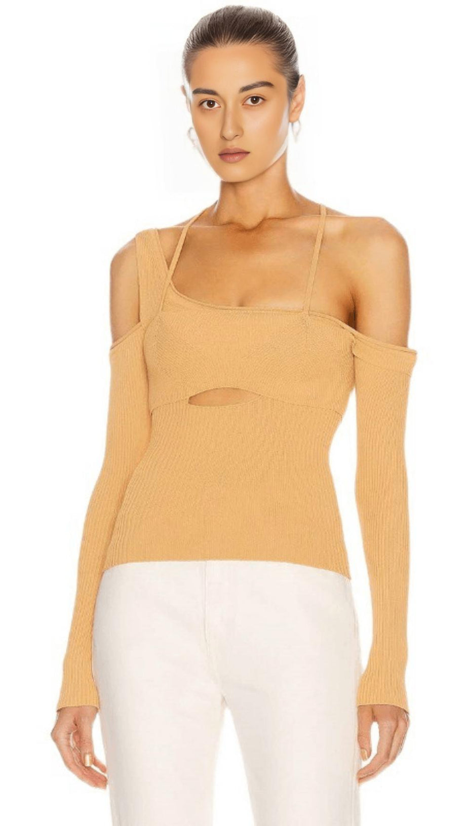 CUTOUT OFF-SHOULDER ASYMMETRIC SWEATER.