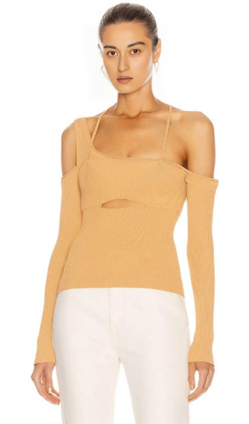 Cutout off-shoulder asymmetric sweater.