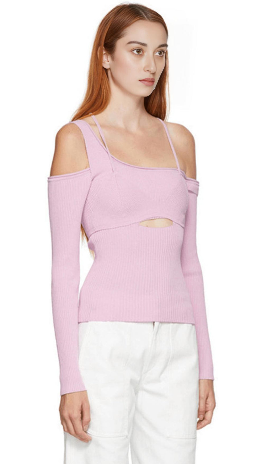 CUTOUT OFF-SHOULDER ASYMMETRIC SWEATER.
