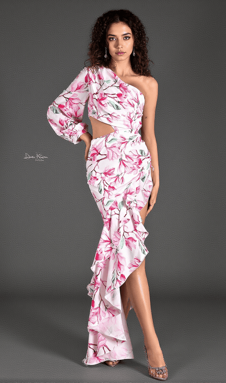 Aniketos – Rüschenkleid mit Blumenmuster und hohem Schlitz