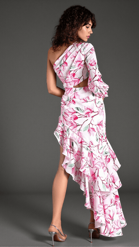 Aniketos – Rüschenkleid mit Blumenmuster und hohem Schlitz