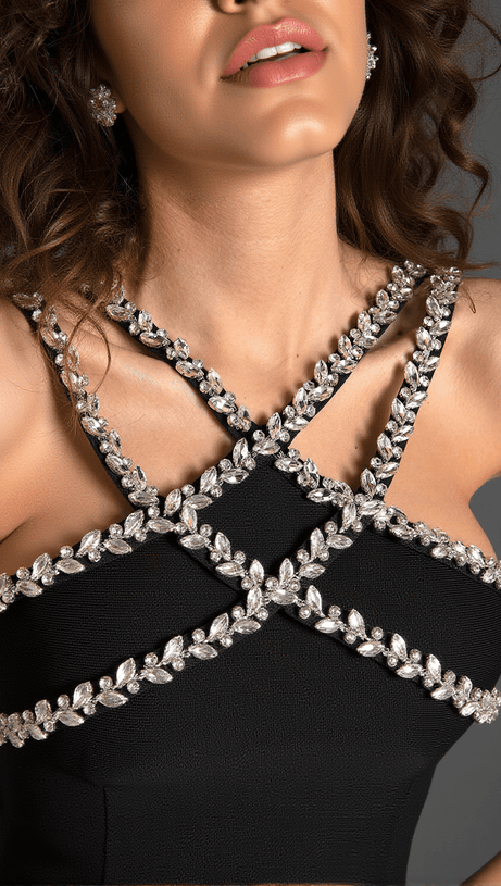 Nicolou Strass-Bandage-Rüschenkleid