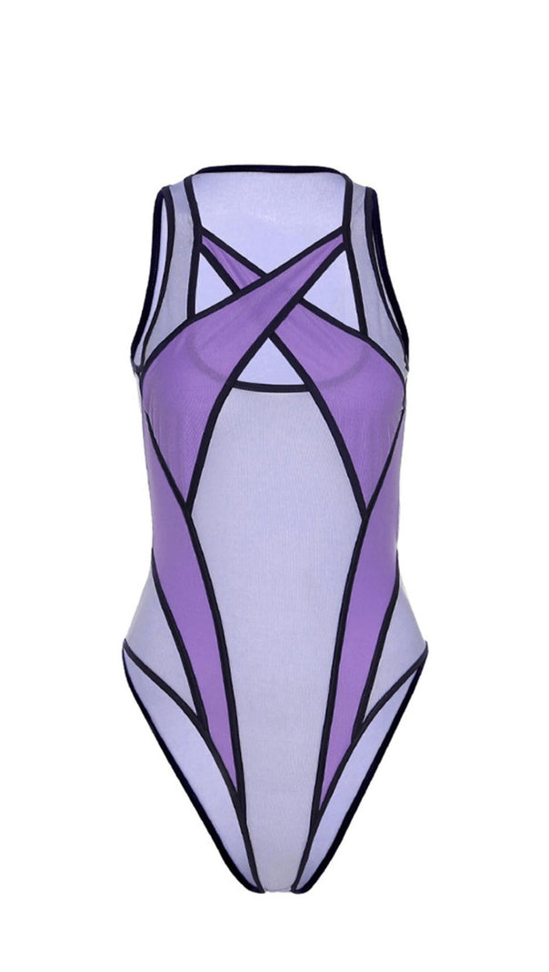 AIIZIE PURPLE CONTRAST PANEL MESH BODYSUIT. - product image