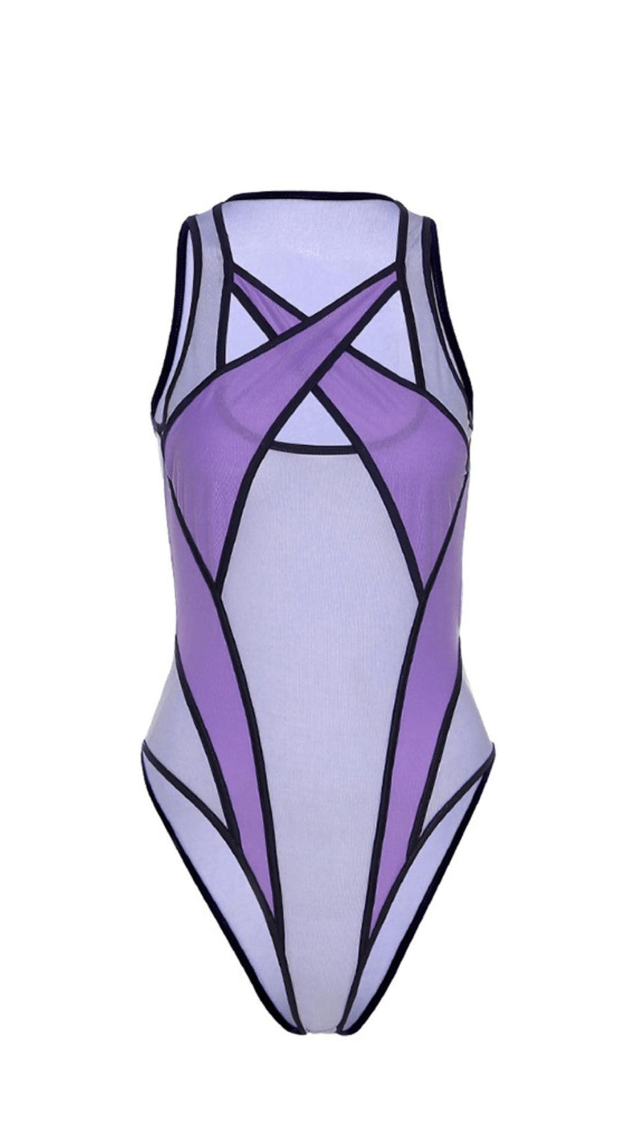 Lilafarbener Netz-Bodysuit mit Kontrasteinsätzen.