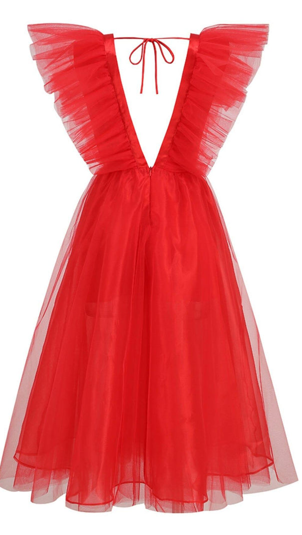 AIIZIE FEATHER V-NECK NET MIDI DRESS IN MAHOGANY - product image