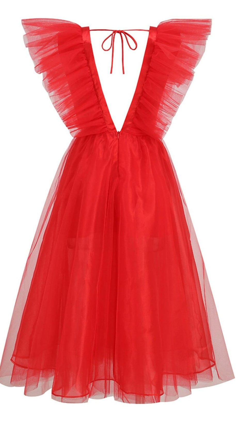 FEATHER V-NECK NET MIDI DRESS IN  MAHOGANY