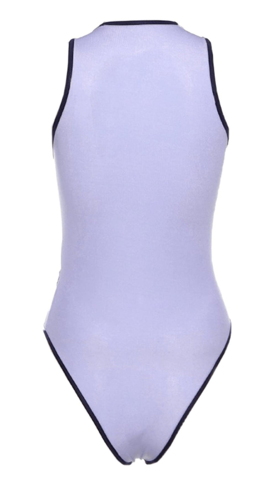 Lilafarbener Netz-Bodysuit mit Kontrasteinsätzen.