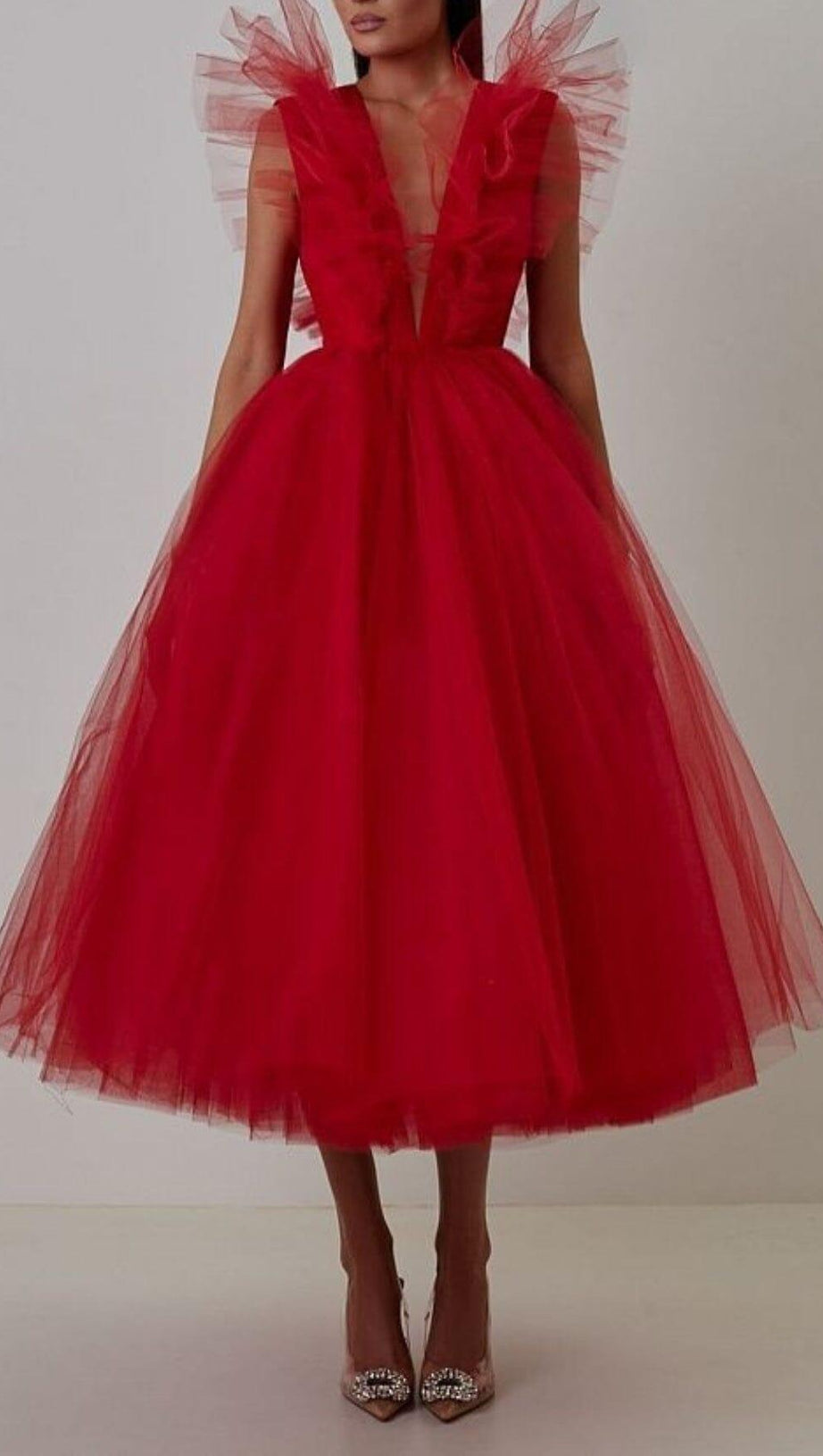 FEATHER V-NECK NET MIDI DRESS IN  MAHOGANY