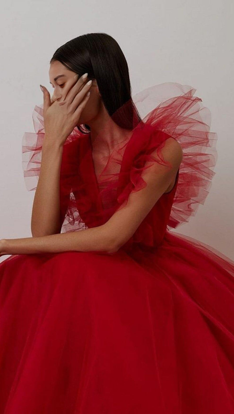 FEATHER V-NECK NET MIDI DRESS IN  MAHOGANY