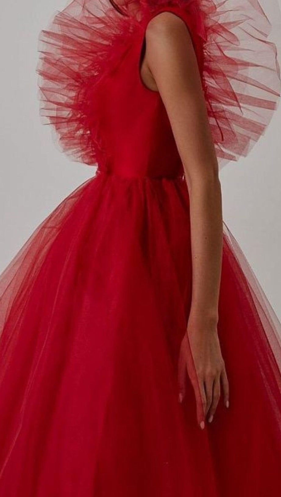 FEATHER V-NECK NET MIDI DRESS IN  MAHOGANY