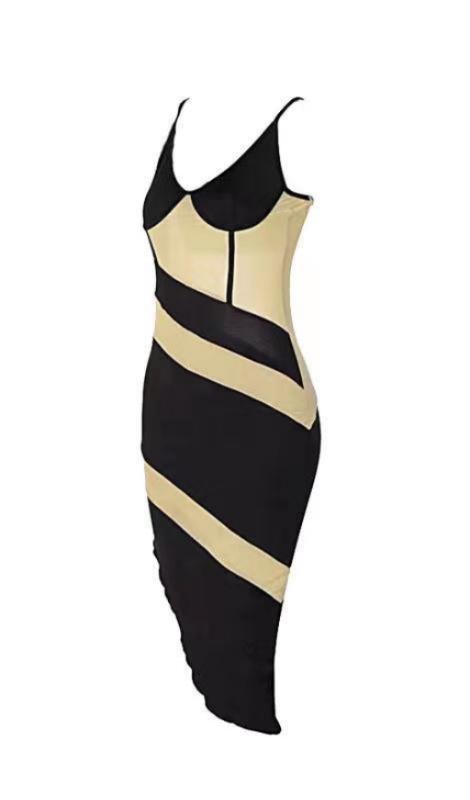CONTRASTING SHEER SLIM MESH DRESS.