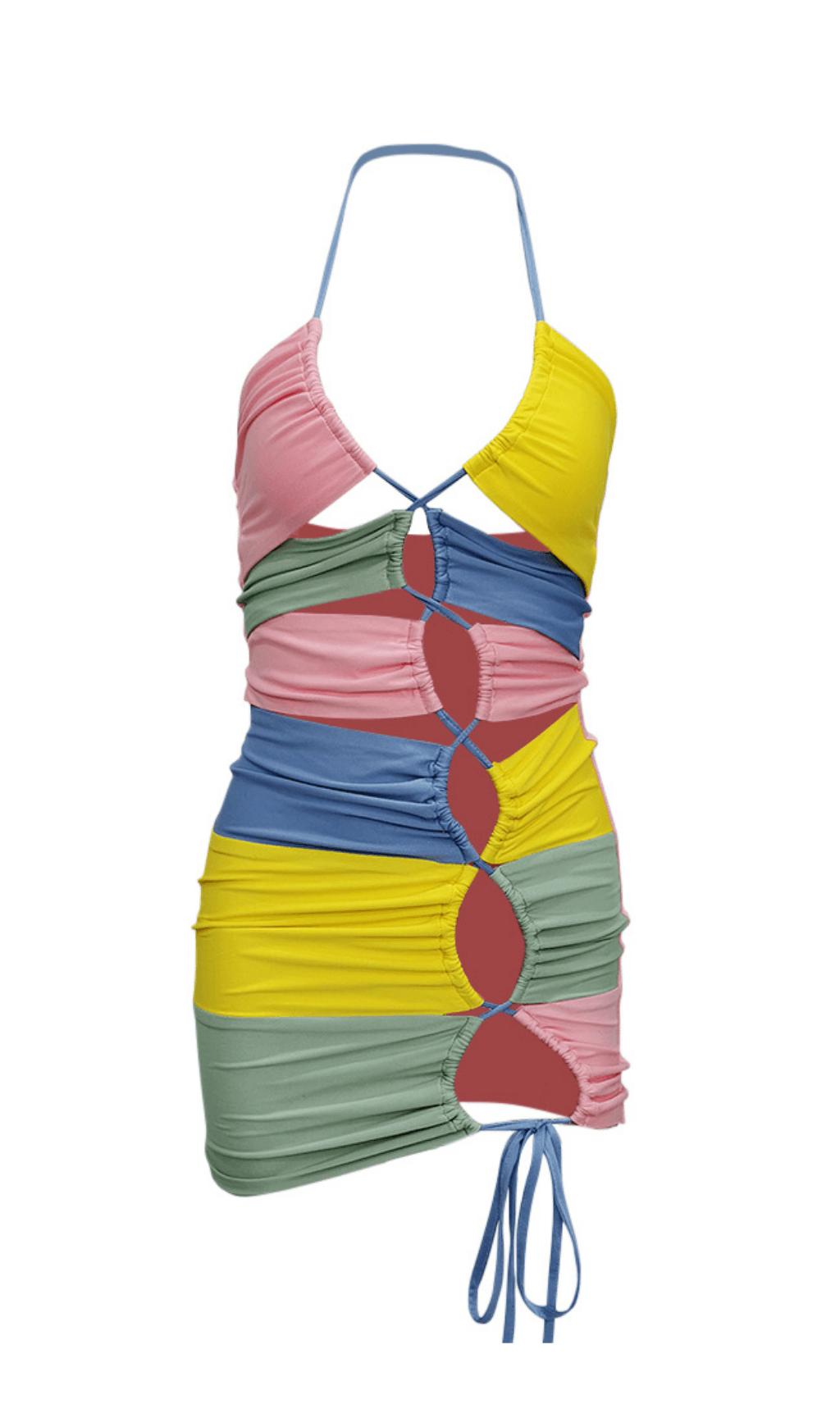 CONTRASTING IRREGULAR STITCHING DRESS.