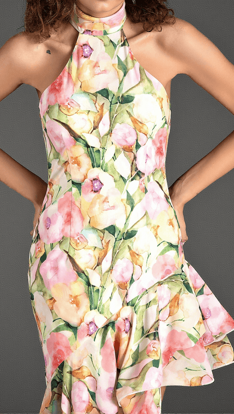 Gereas Neckholder-Kleid mit Blumenmuster und Rüschen