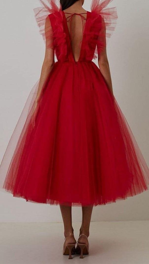 AIIZIE FEATHER V-NECK NET MIDI DRESS IN MAHOGANY - product image