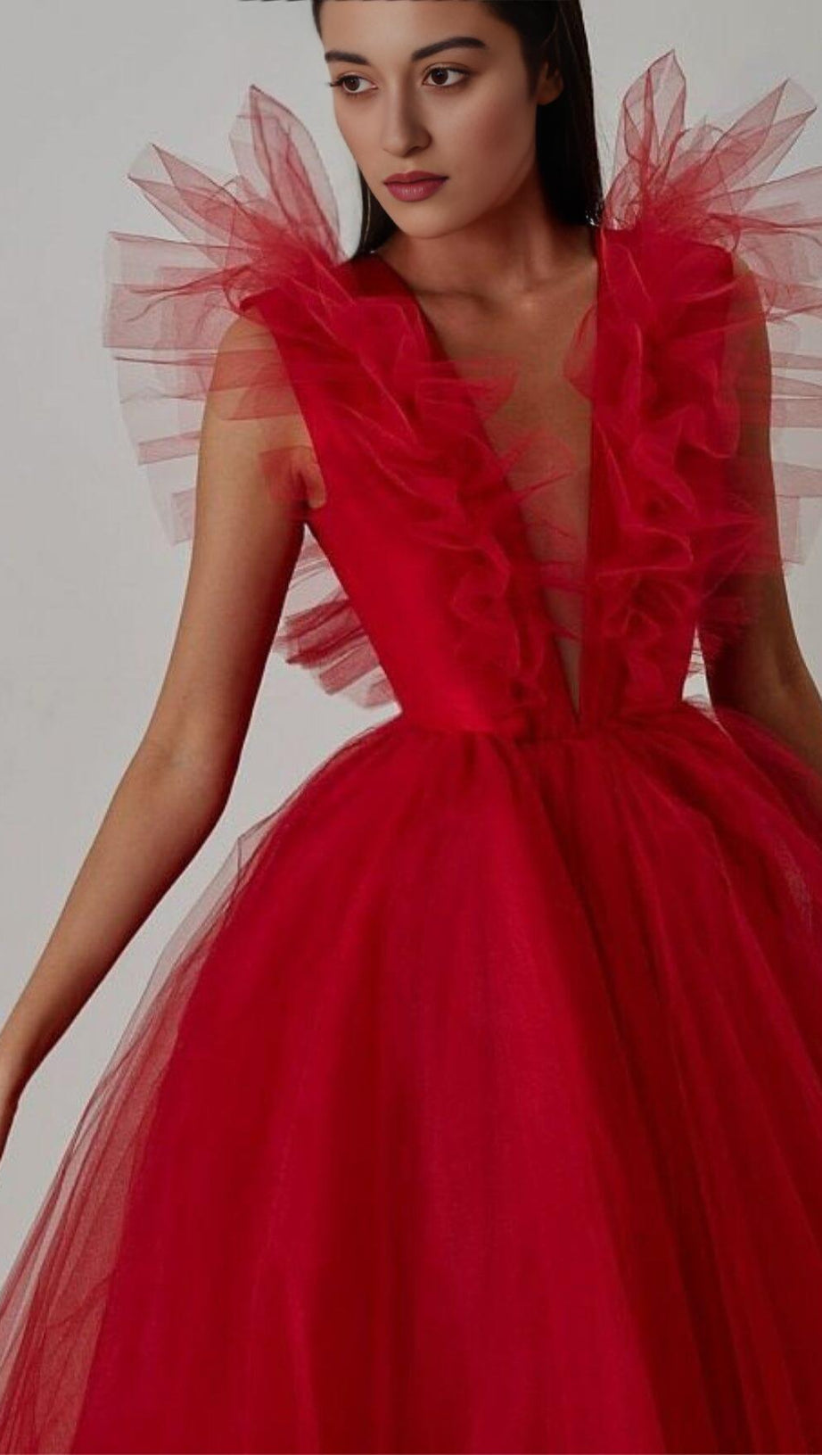 FEATHER V-NECK NET MIDI DRESS IN  MAHOGANY