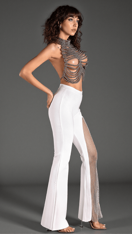 Metride – Rückenfreies Neckholder-Top mit Perlenbesatz in Grau