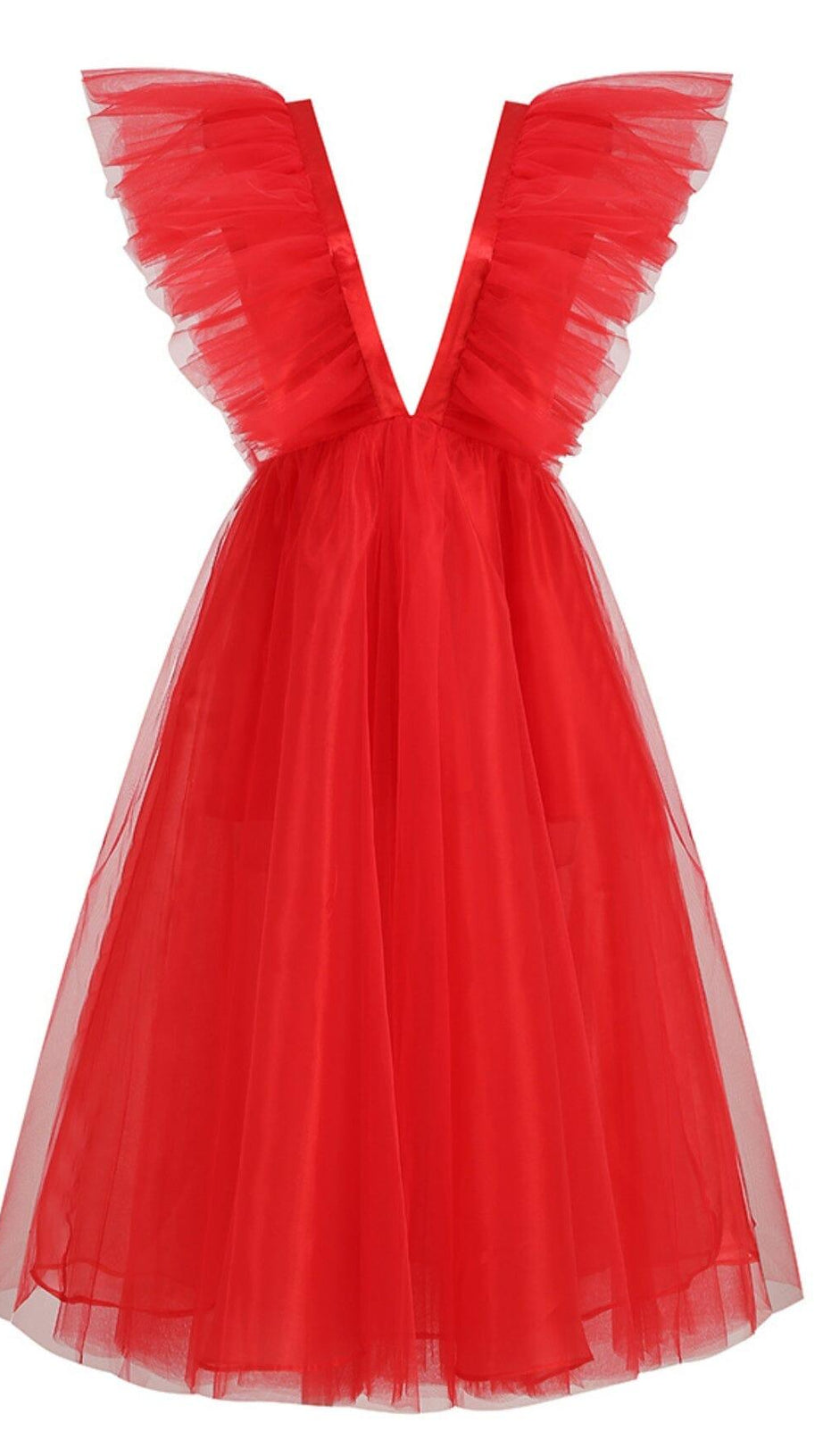 FEATHER V-NECK NET MIDI DRESS IN  MAHOGANY