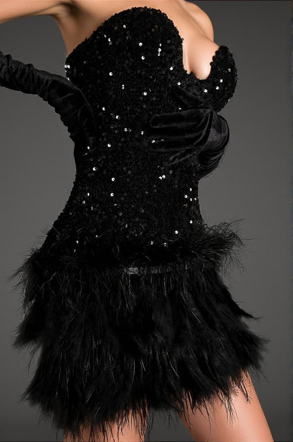 Katia Off Shoulder Sequin Feather Dress With Gloves