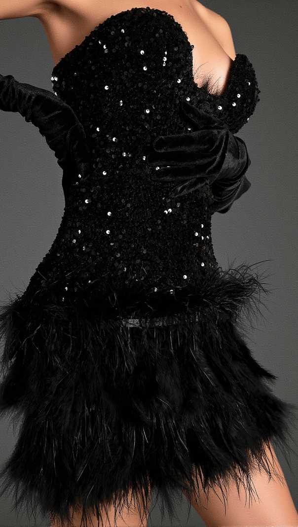 AIIZIE KATIA OFF SHOULDER SEQUIN FEATHER DRESS WITH GLOVES - product image