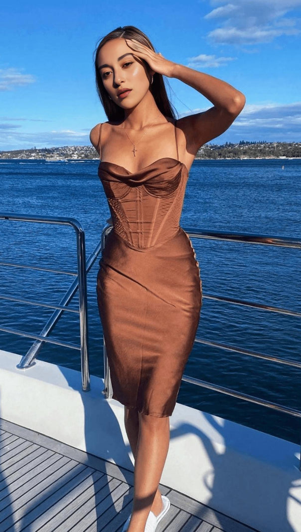 AIIZIE CHOCOLATE SATIN CORSET SLIP DRESS - product image