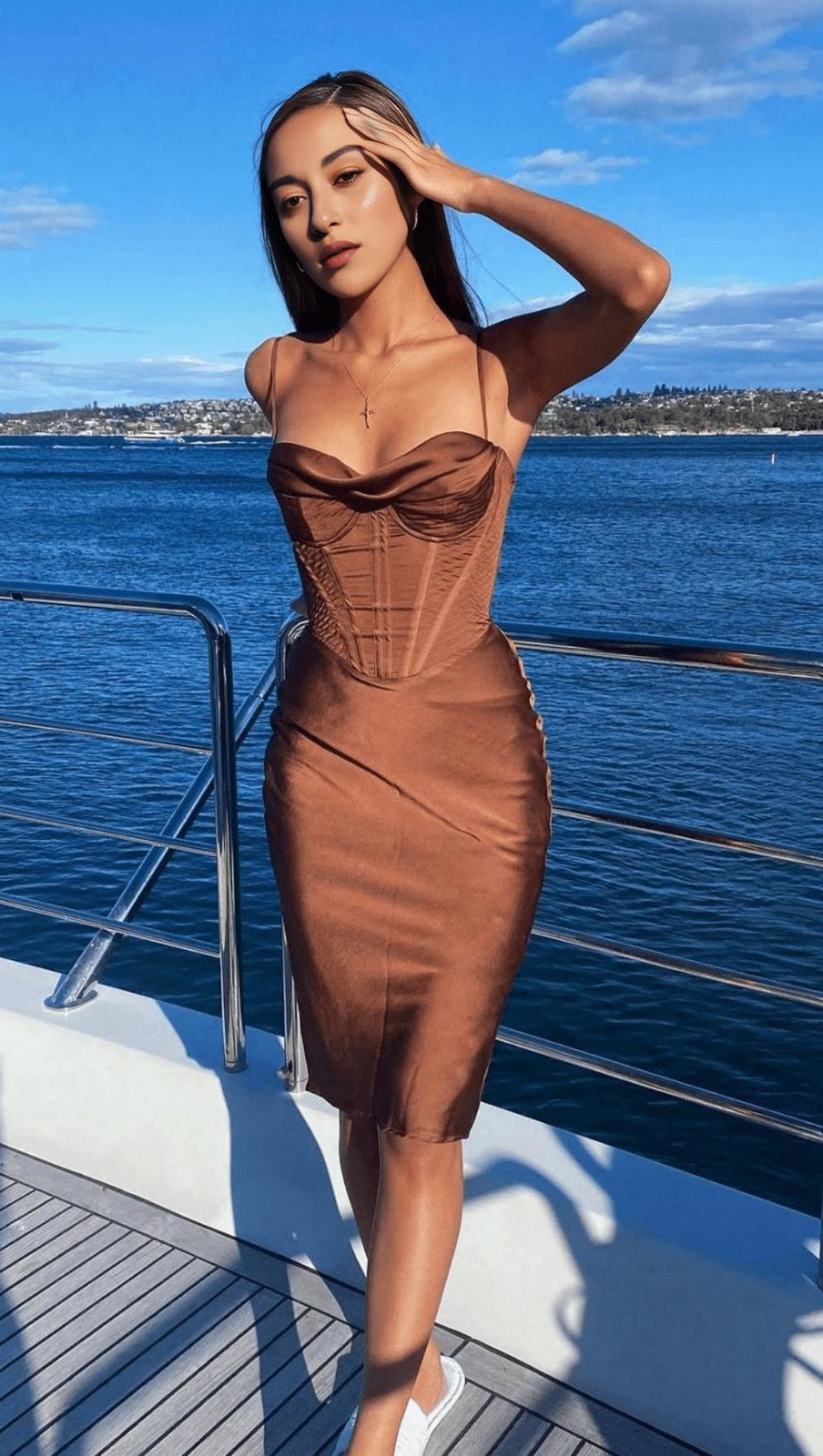 CHOCOLATE SATIN CORSET SLIP DRESS