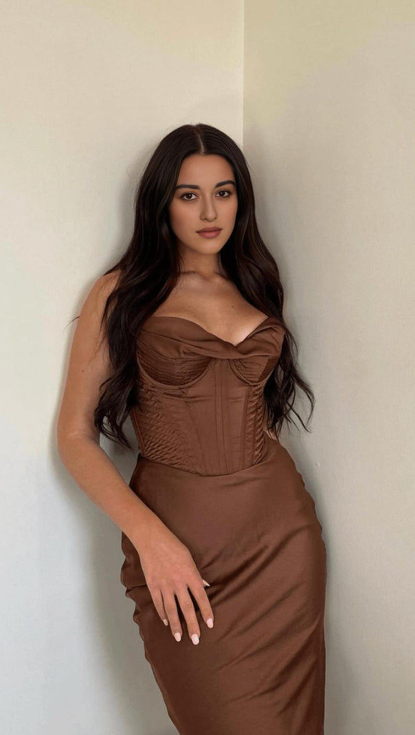 AIIZIE CHOCOLATE SATIN CORSET SLIP DRESS - product image