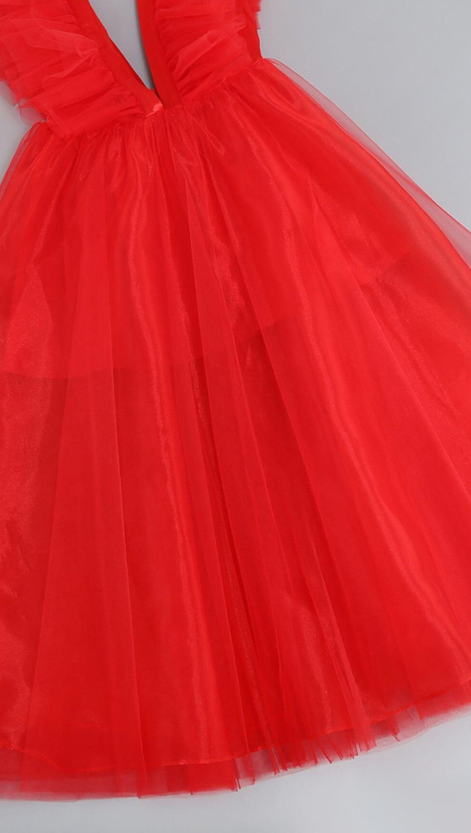 FEATHER V-NECK NET MIDI DRESS IN  MAHOGANY