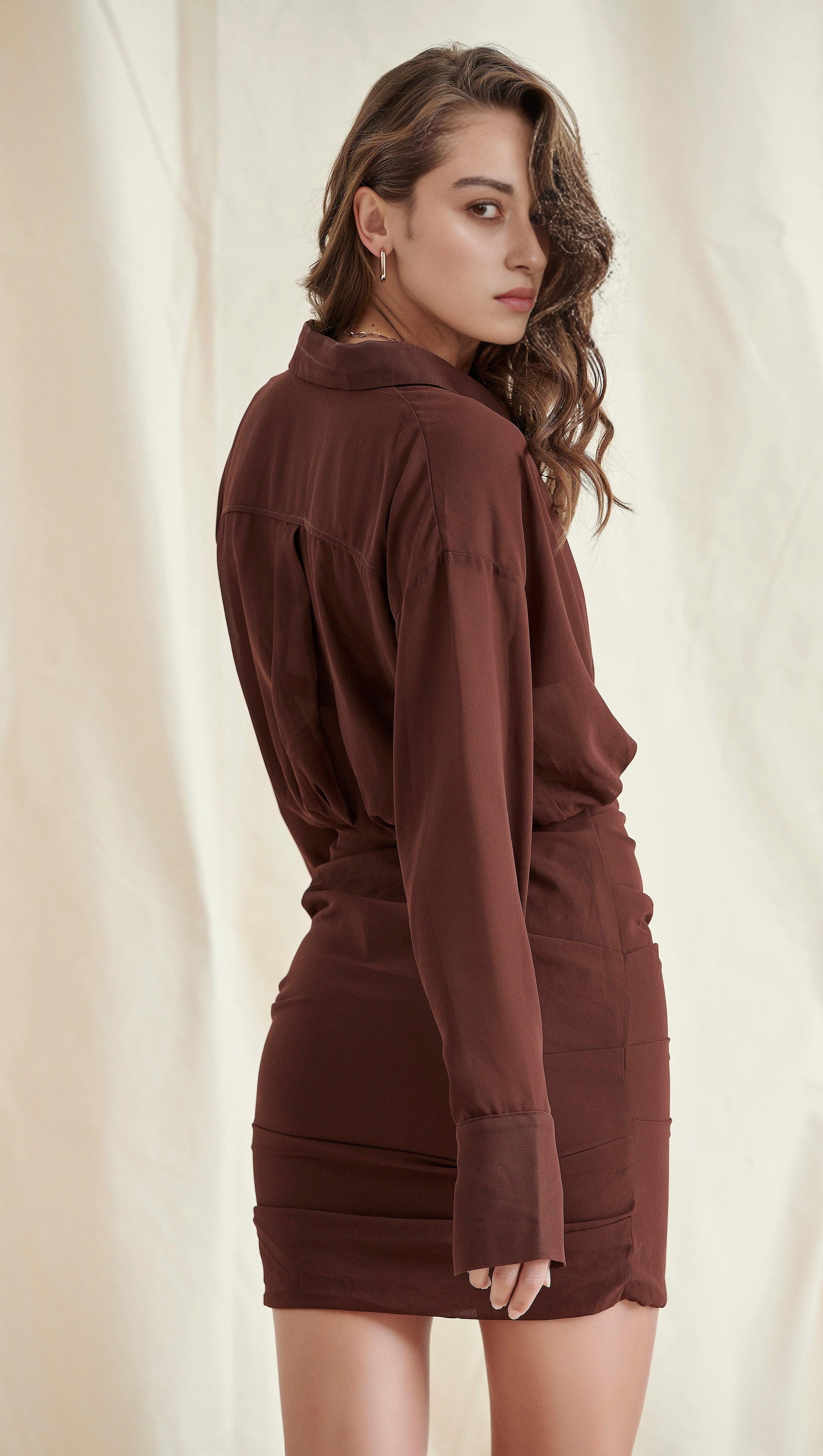 CHOCOLATE CHIFFON SHIRT DRESS AND BRALETTE